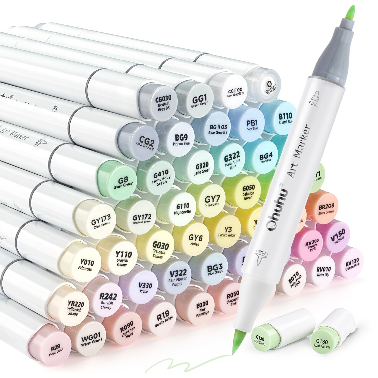 Ohuhu Honolulu B Pastel Alcohol Brush Markers - Blossoming/ Sweetness 48 New Pastel Colors - Brush & Fine Dual Tips